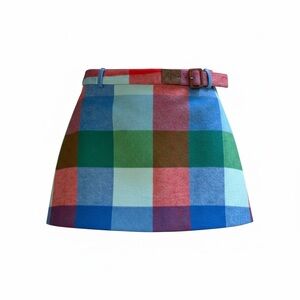 Plaid A-Line Mini Skirt in Blue, Green & Pink with Belt